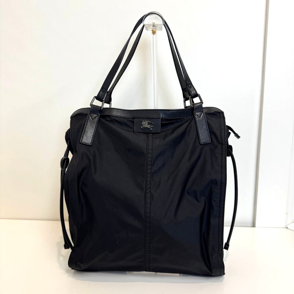 BURBERRY Black Nylon Leather Drawstring Large Hobo Tote Bag Gray Logo Handbag